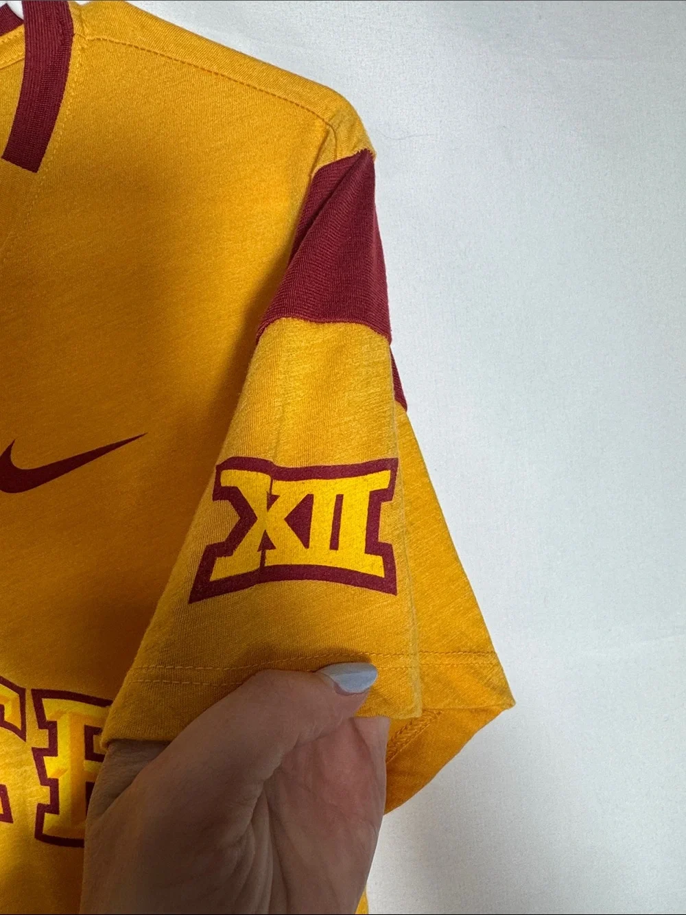 Nike Gold and Cardinal Big 12 Iowa State V-Neck Swimming and Diving T-Shirt S